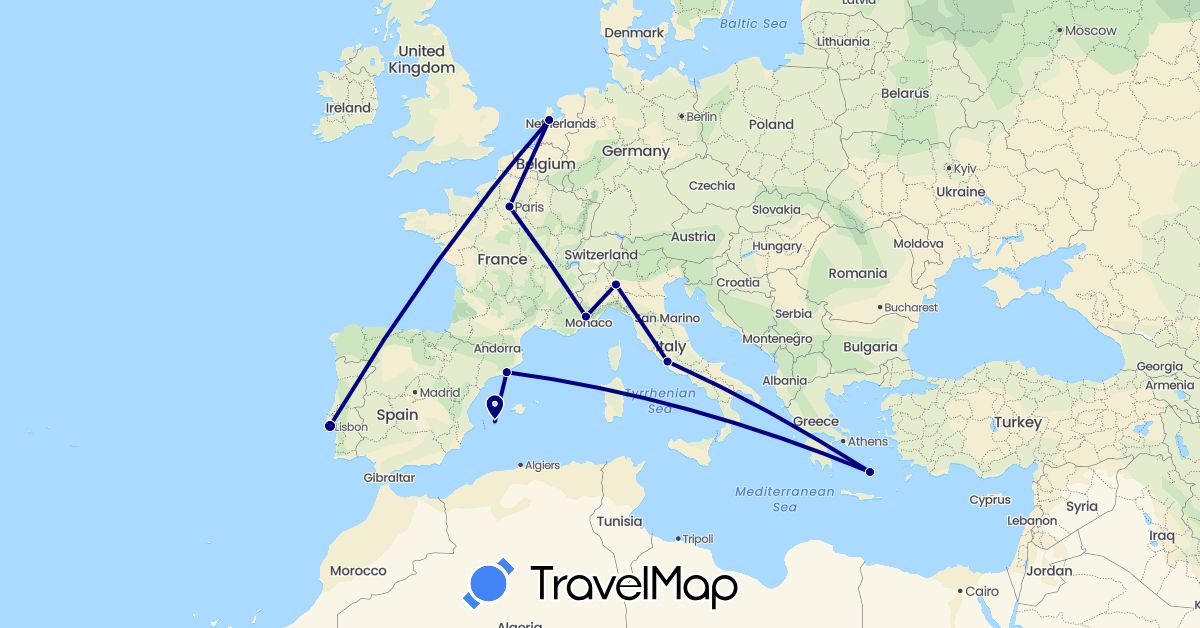 TravelMap itinerary: driving in Spain, France, Greece, Italy, Netherlands, Portugal (Europe)
